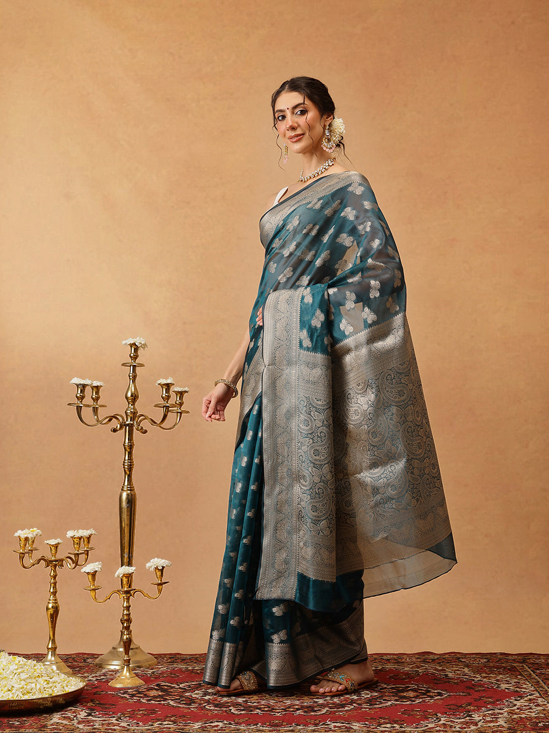 Butterfly Design Banarasi Organza Soft Silk Teal Saree