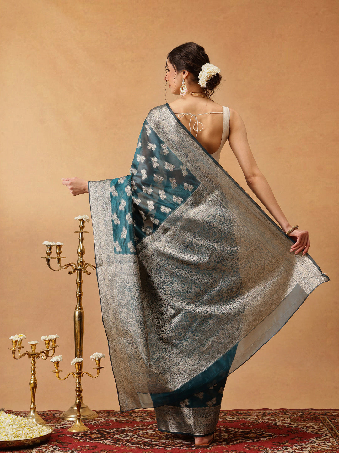 Butterfly Design Banarasi Organza Soft Silk Teal Saree
