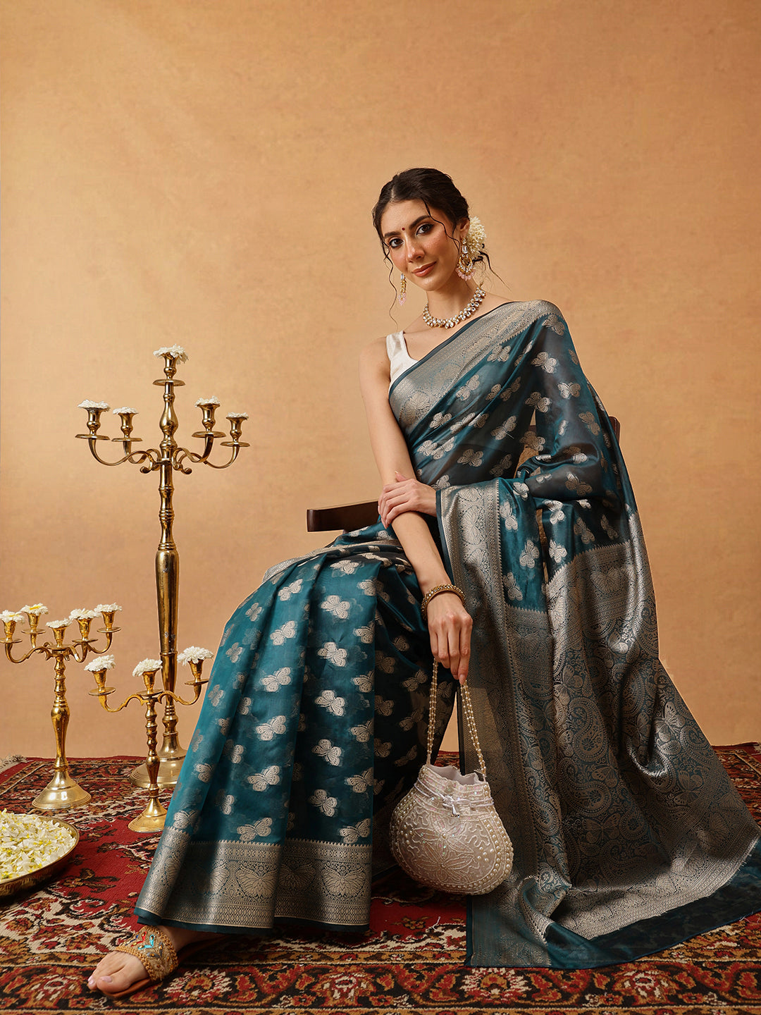 Butterfly Design Banarasi Organza Soft Silk Teal Saree
