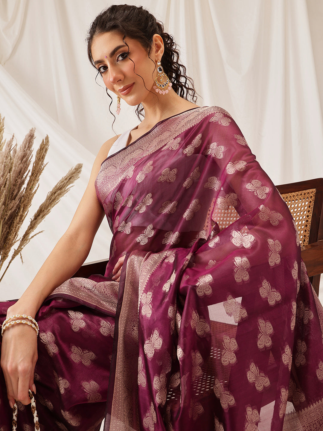 Butterfly Design Banarasi Organza Soft Silk Wine Saree