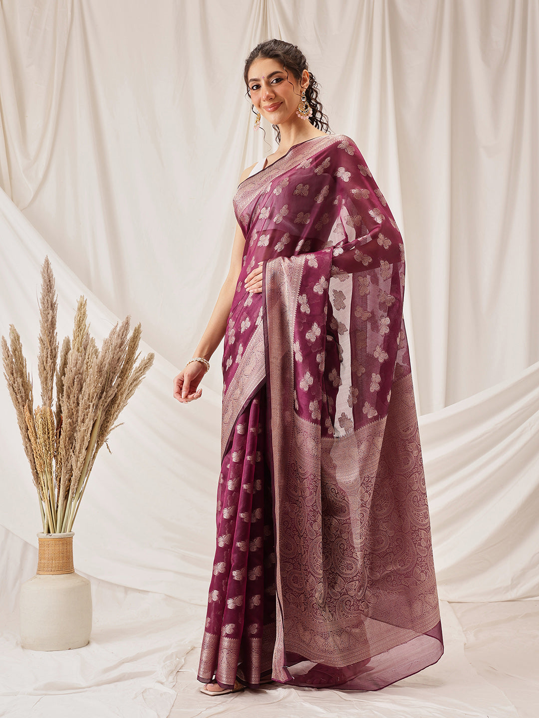Butterfly Design Banarasi Organza Soft Silk Wine Saree