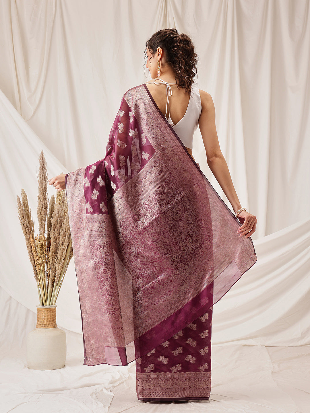 Butterfly Design Banarasi Organza Soft Silk Wine Saree
