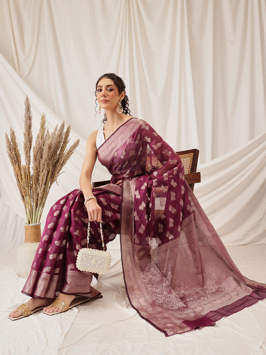 Butterfly Design Banarasi Organza Soft Silk Wine Saree