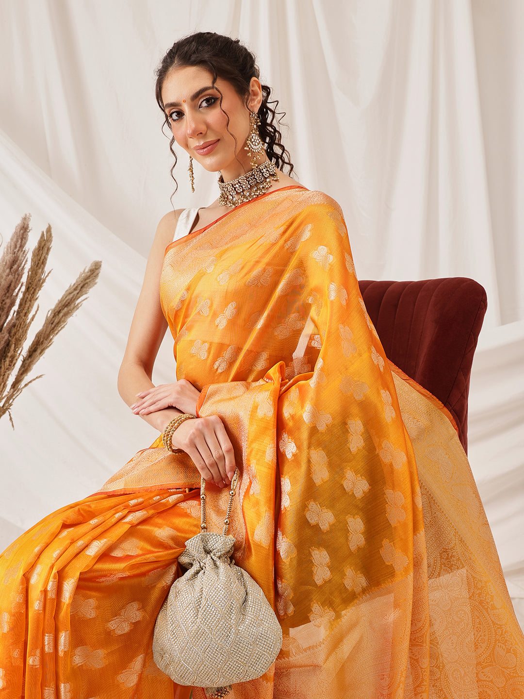 Butterfly Design Banarasi Organza Soft Silk Yellow Saree