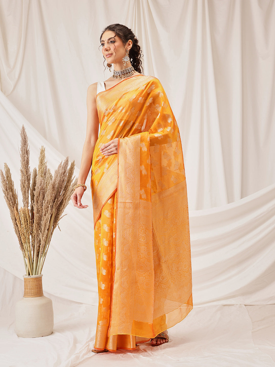 Butterfly Design Banarasi Organza Soft Silk Yellow Saree
