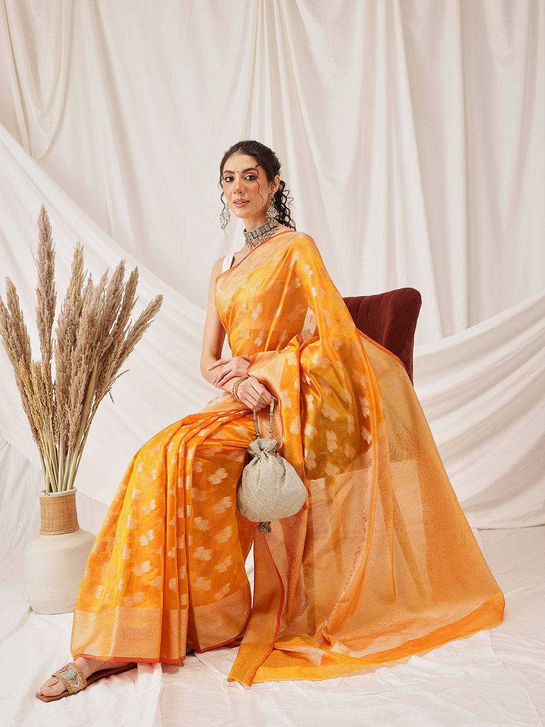 Butterfly Design Banarasi Organza Soft Silk Yellow Saree