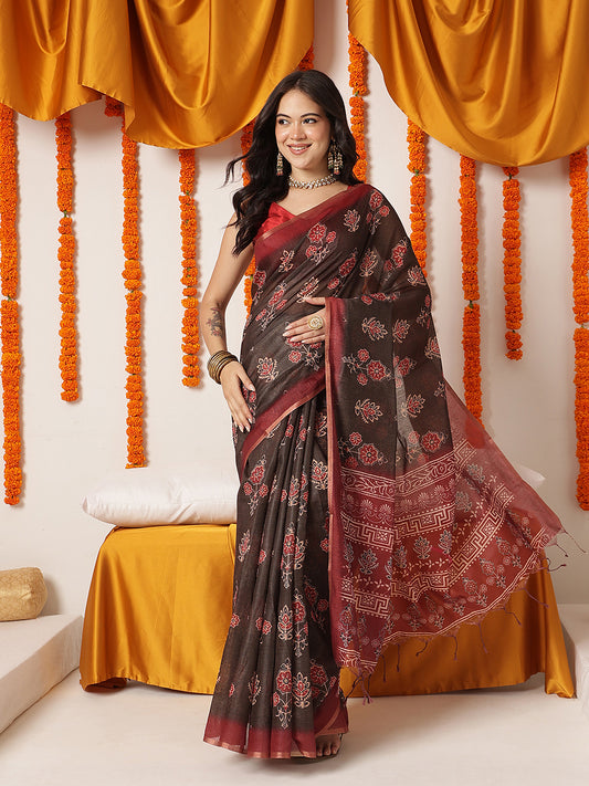 Ajrakh Printed Chanderi Cotton Saree With Printed Blouse