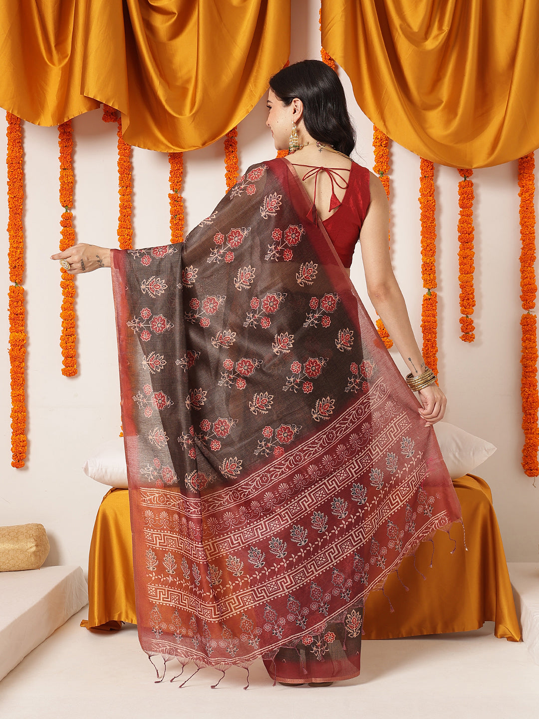Ajrakh Printed Chanderi Cotton Saree With Printed Blouse – view 3