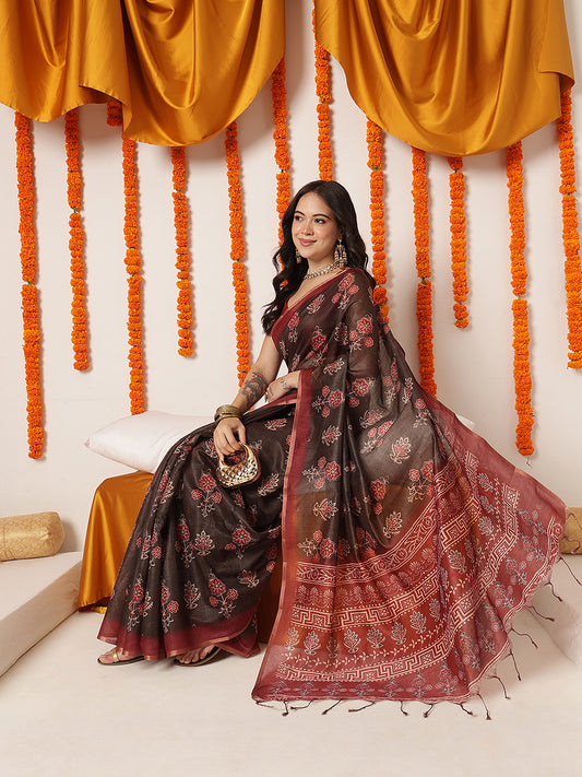 Ajrakh Printed Chanderi Cotton Saree With Printed Blouse – view 2