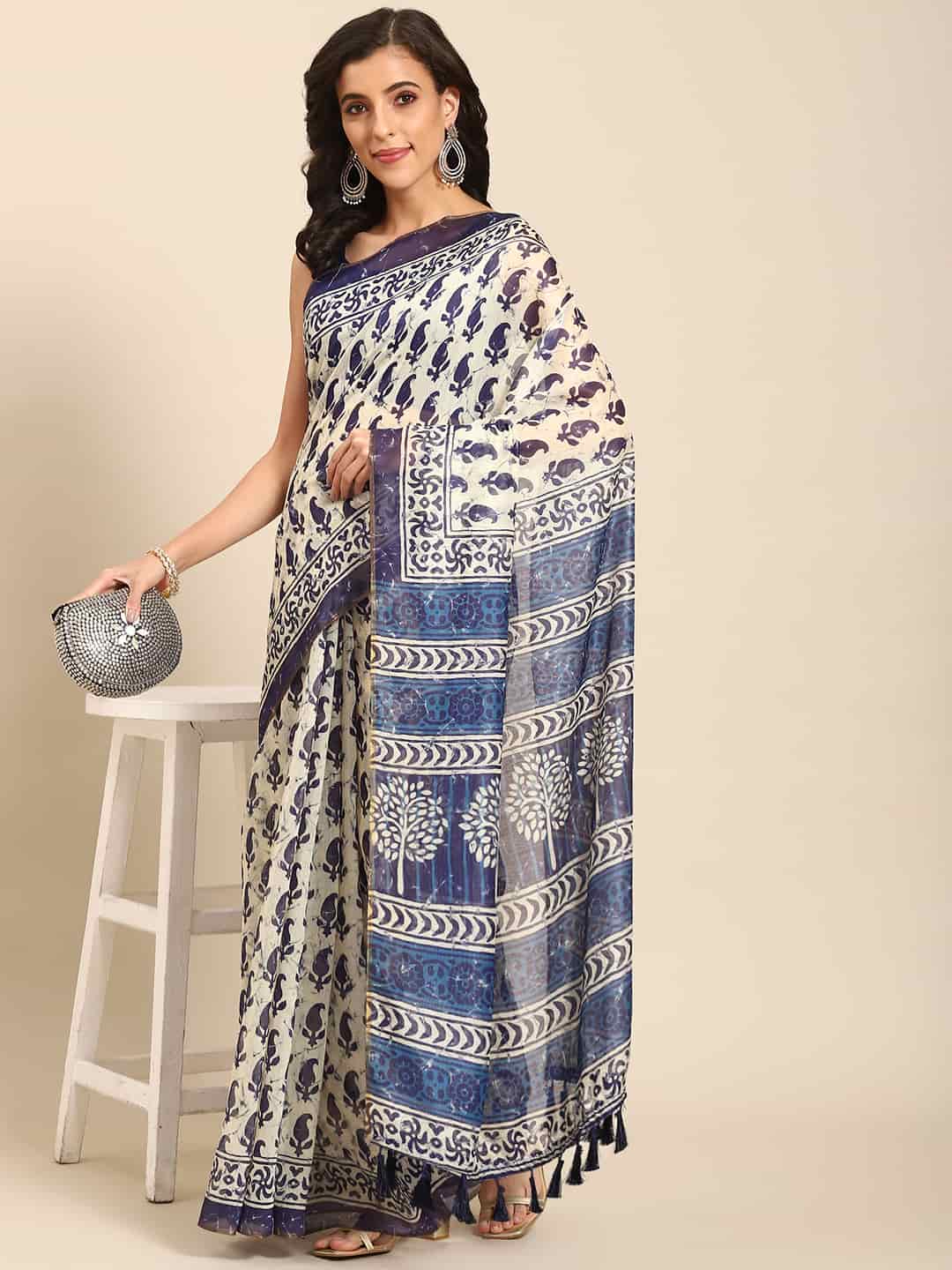 Digital Printed Cotton Blend Chanderi Saree