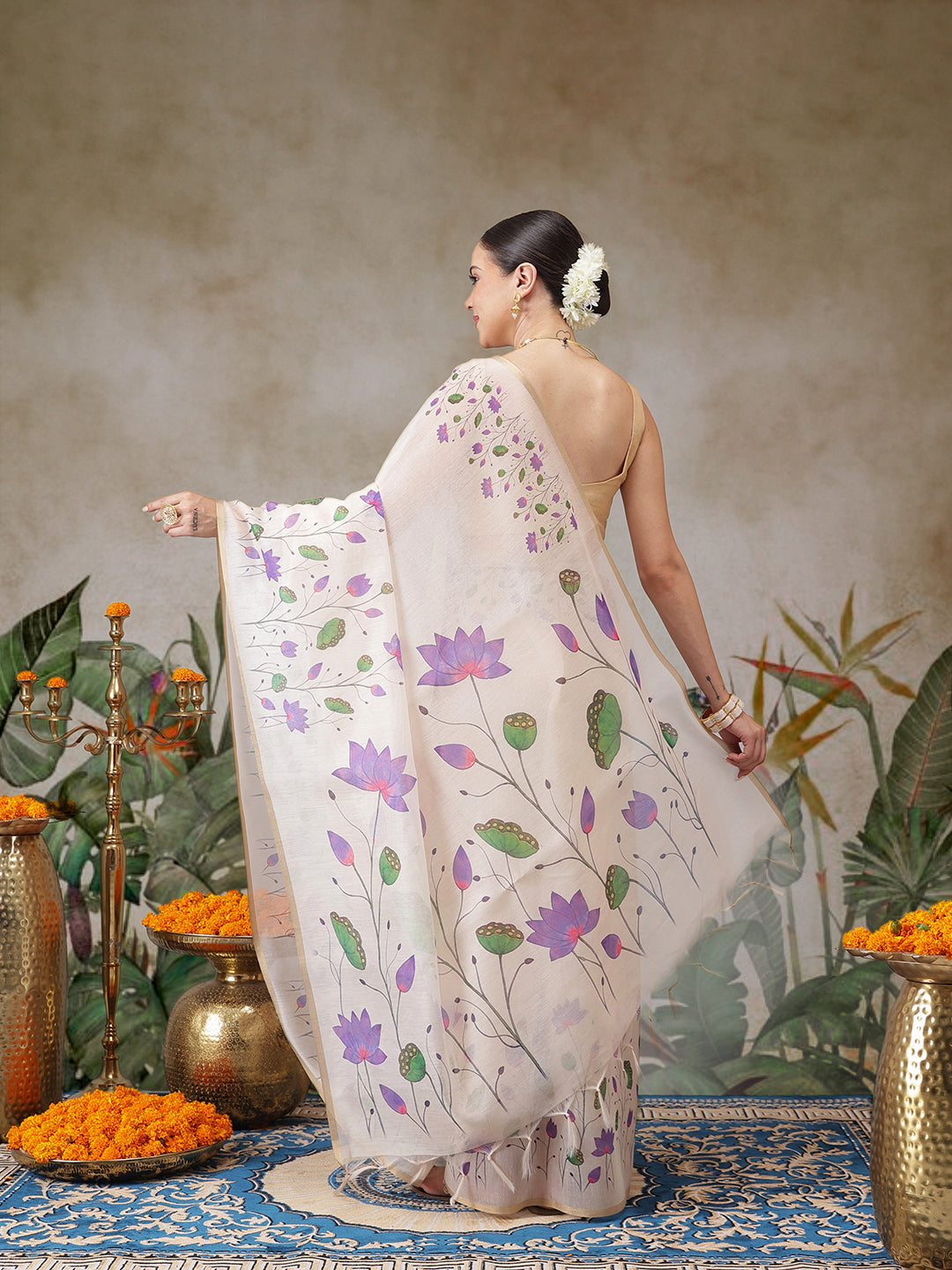 Onam Inspired Floral Printed Chanderi Kerla Cotton Saree With Printed Blouse