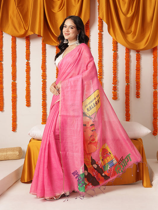 Modern Women's Printed Cotton Saree With One Liner Words – Pink