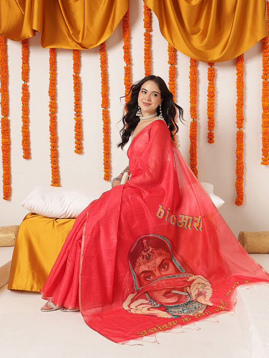 Modern Women's Printed Cotton Saree With One Liner Words – Red
