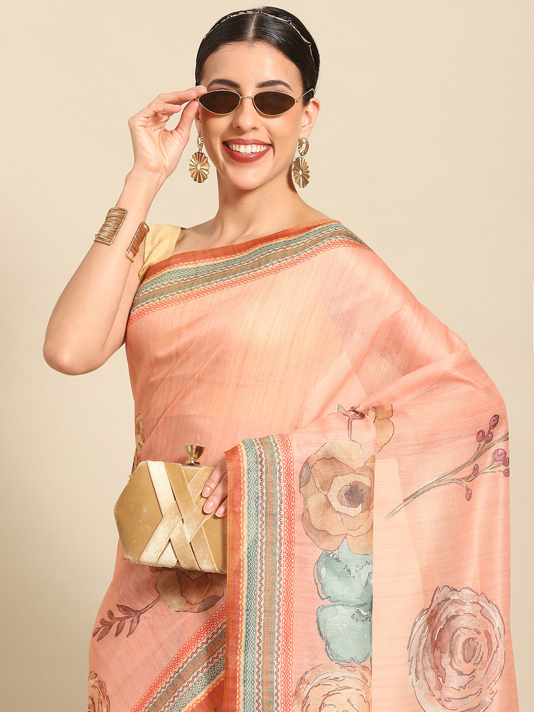 Floral Printed Cotton Saree With Blouse Piece