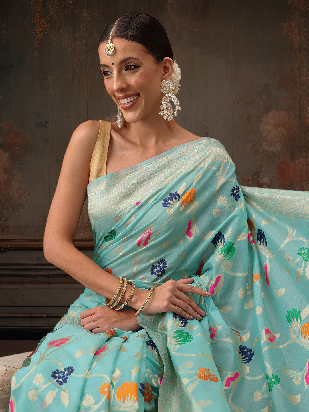 Multicolor Floral Work Cotton Saree