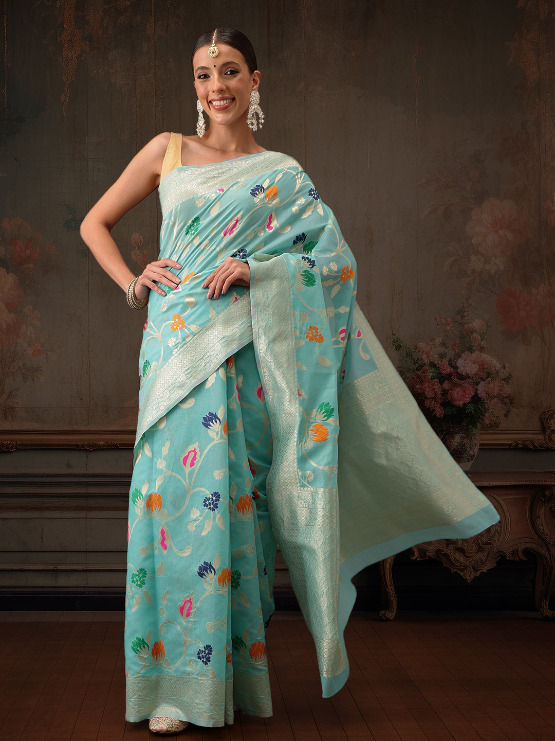 Multicolor Floral Work Cotton Saree