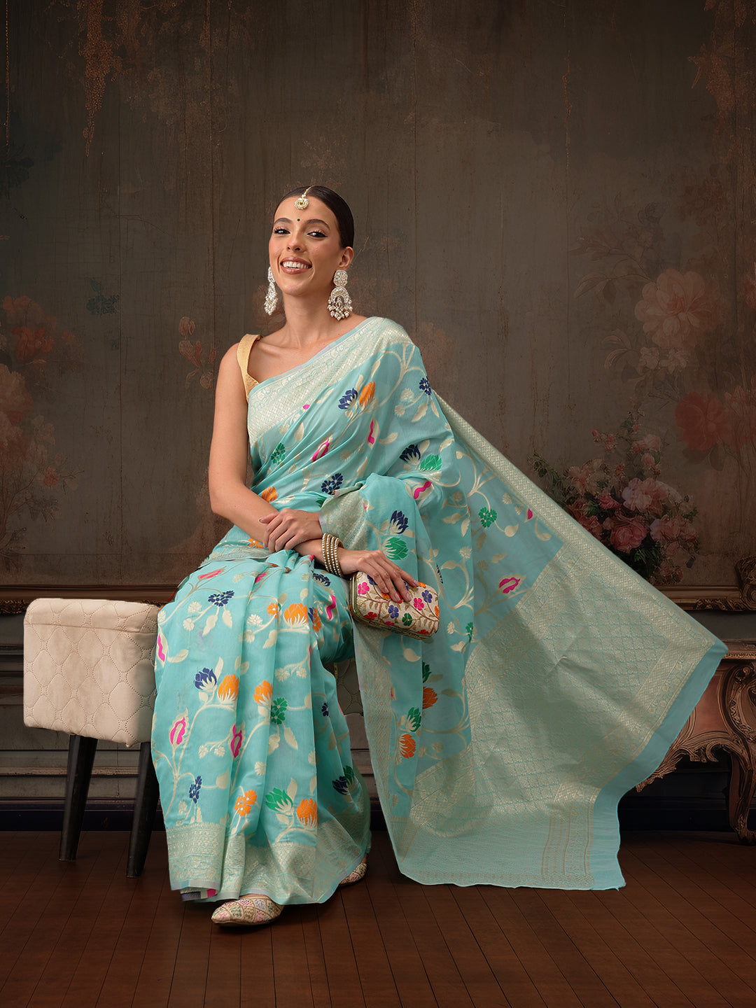 Multicolor Floral Work Cotton Saree