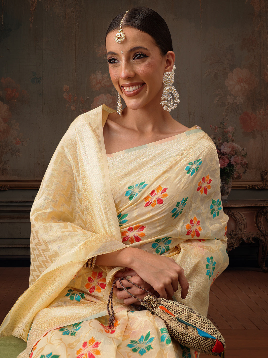 Multicolor Floral Work Cotton Saree