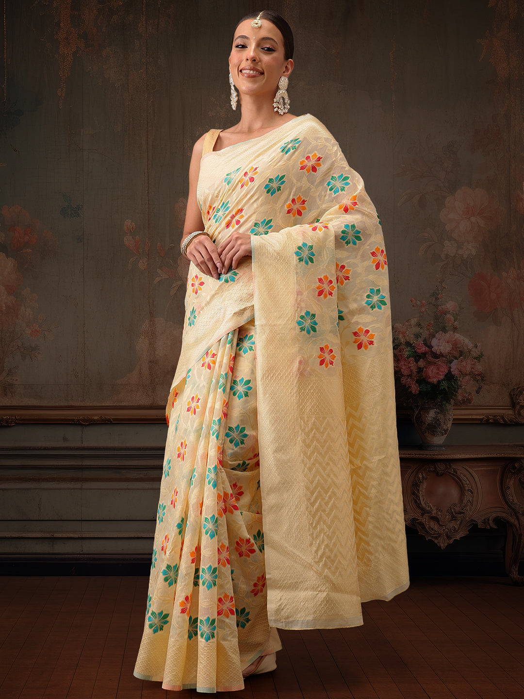 Multicolor Floral Work Cotton Saree