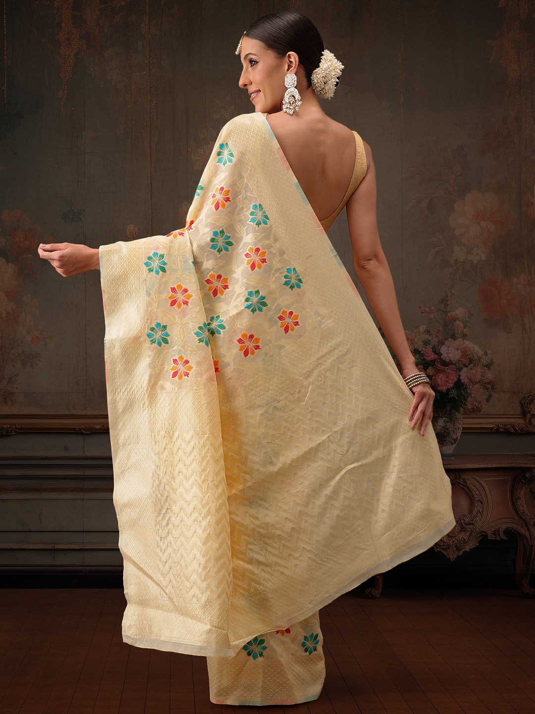 Multicolor Floral Work Cotton Saree