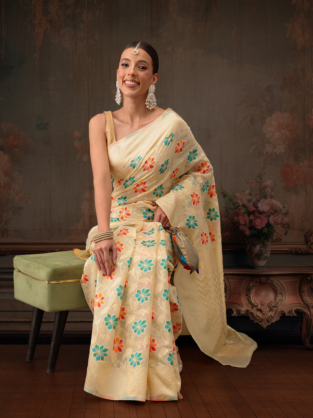 Multicolor Floral Work Cotton Saree