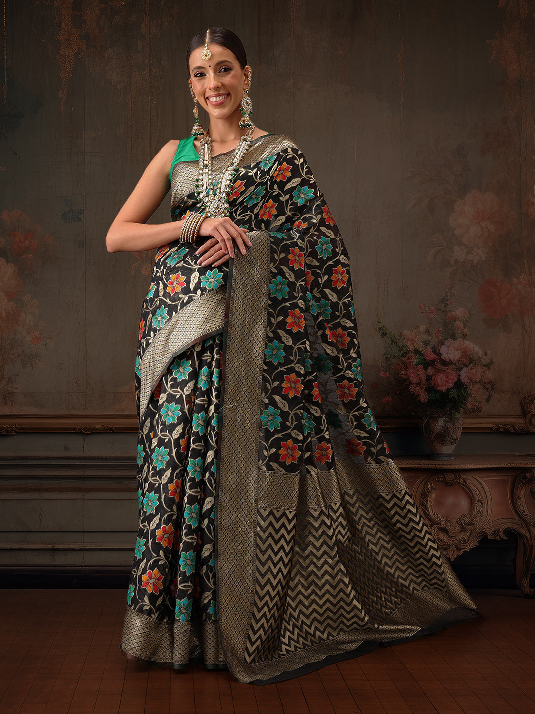 Multicolor Floral Work Cotton Saree