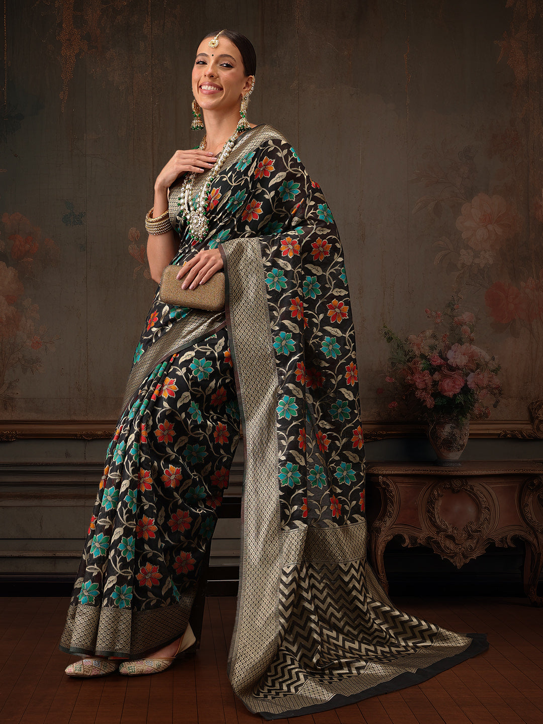 Multicolor Floral Work Cotton Saree