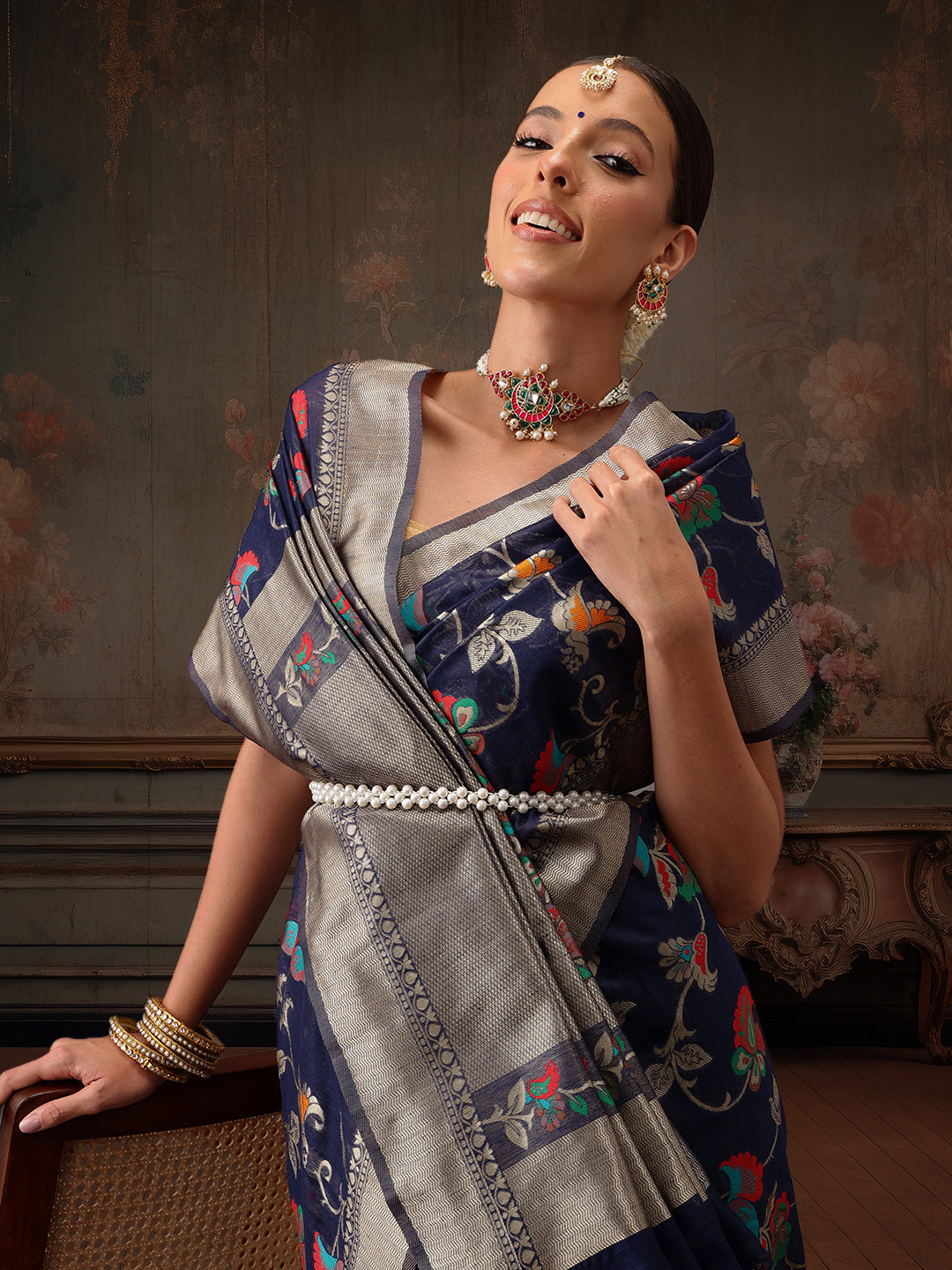 Woven Thread Floral Work Cotton Saree