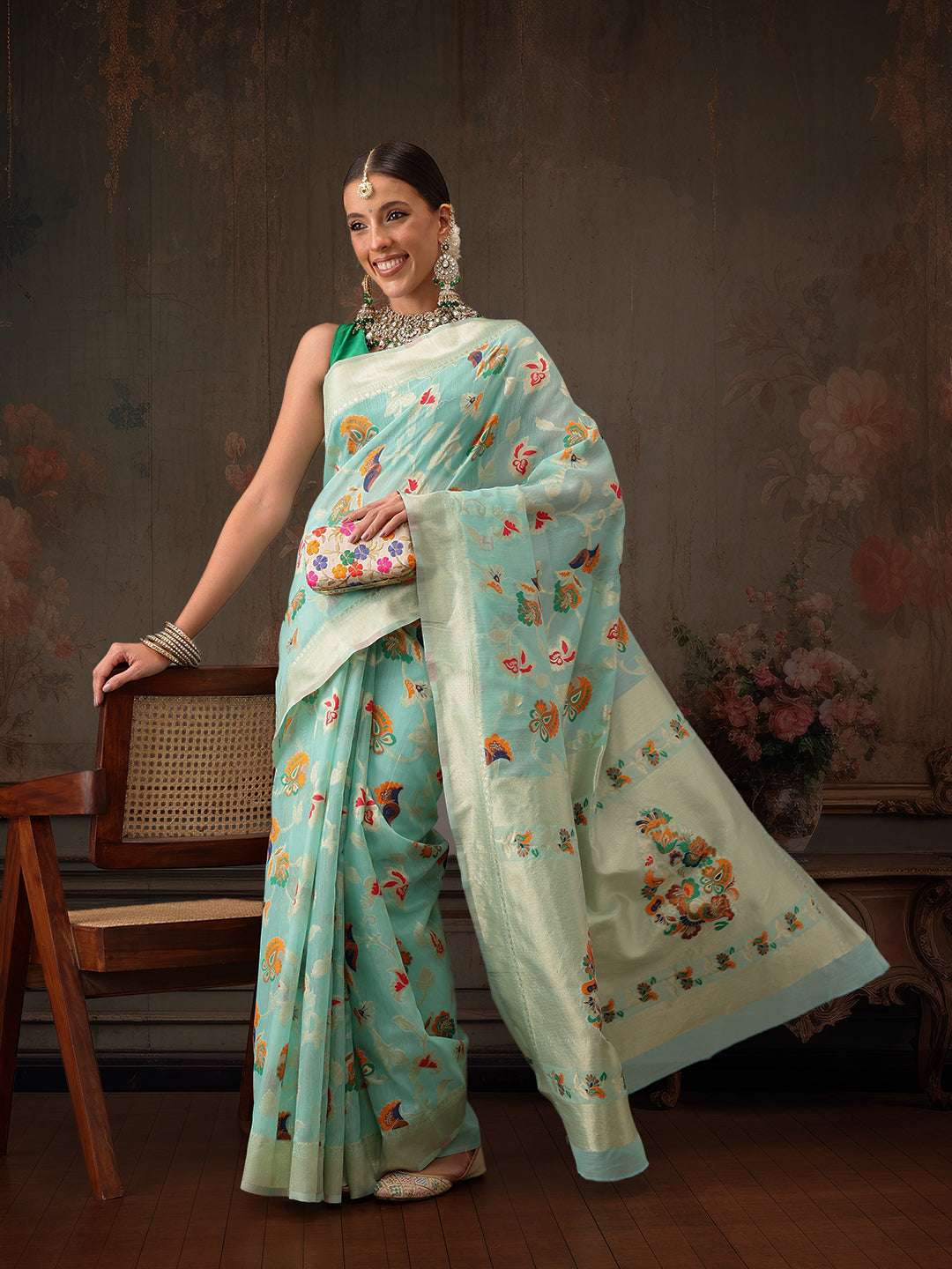 Woven Thread Floral Work Cotton Saree