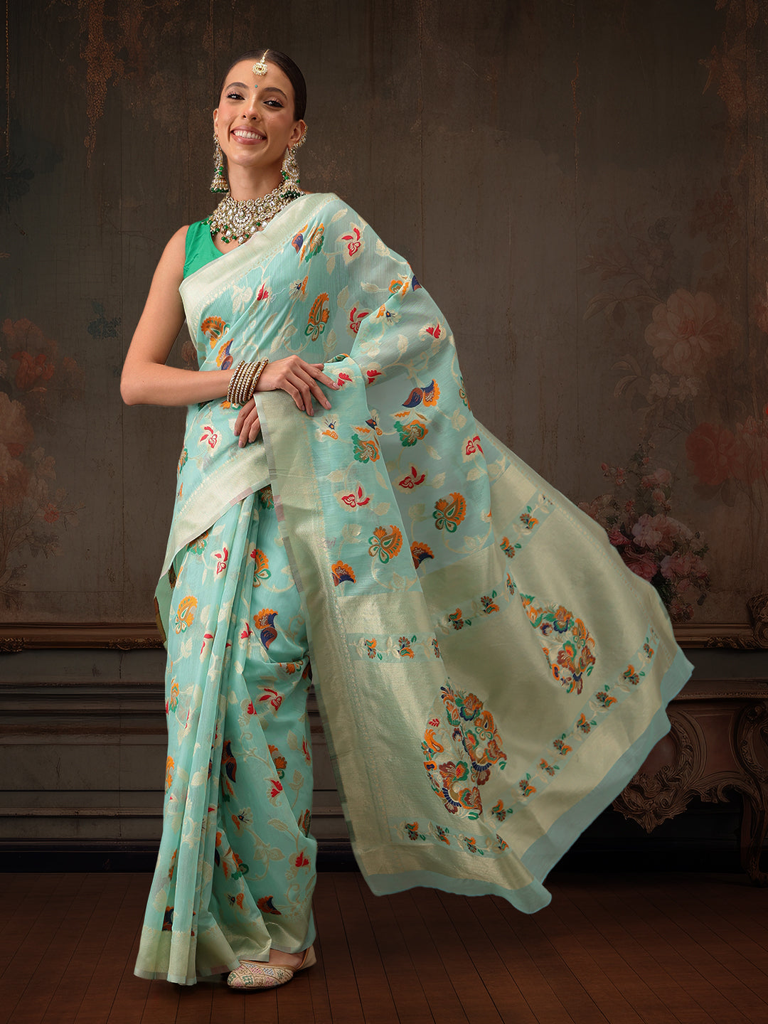Woven Thread Floral Work Cotton Saree
