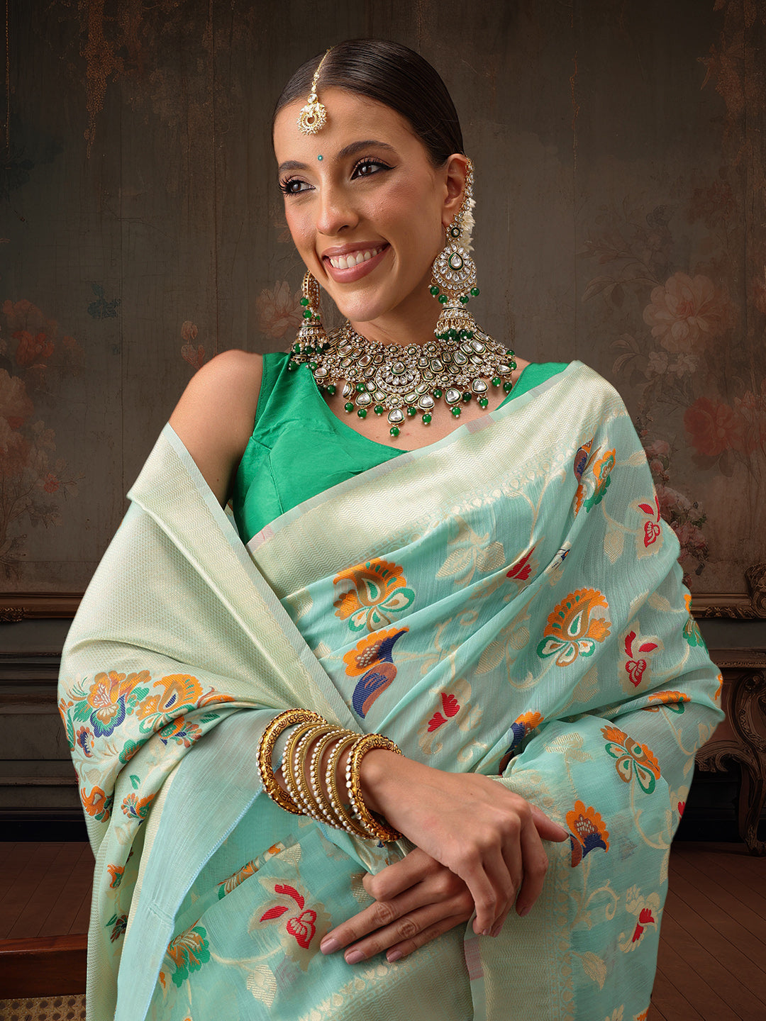 Woven Thread Floral Work Cotton Saree