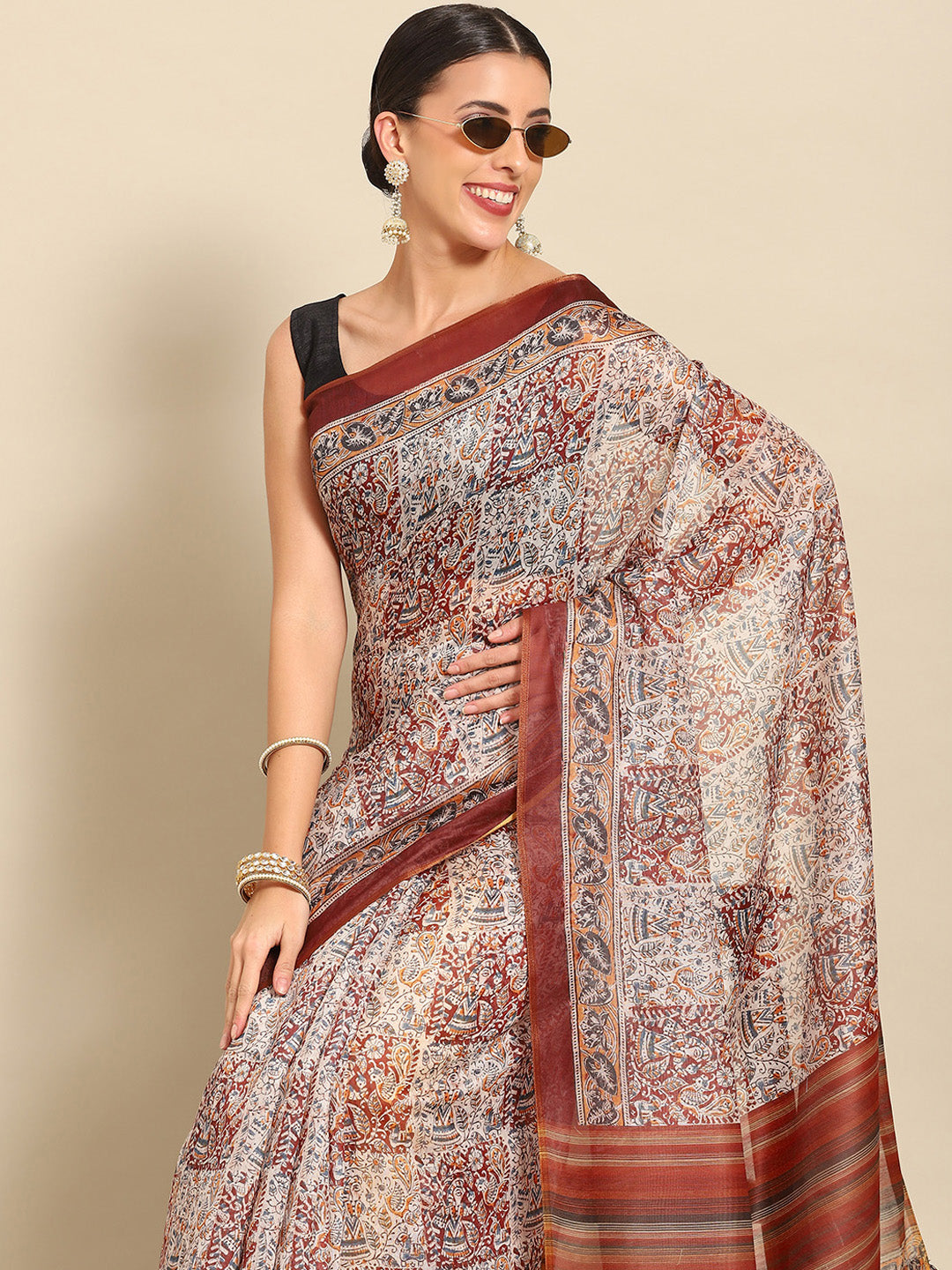 Women's Block Print Cotton Saree With Blouse Piece