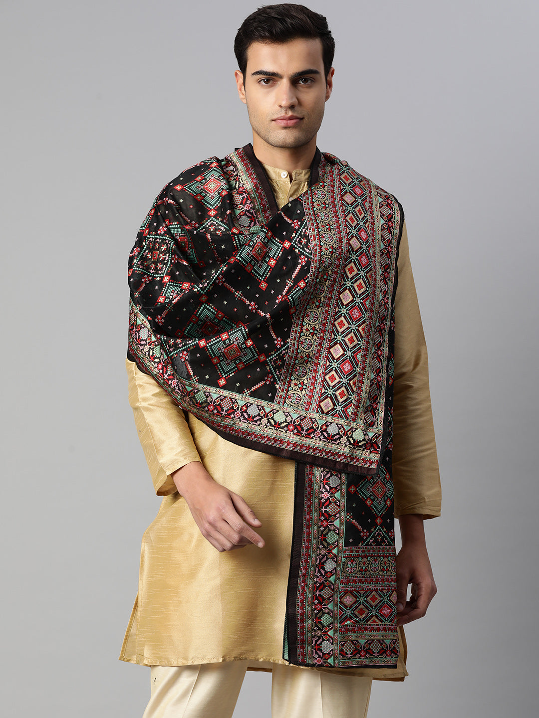 Men's Black and Gold Toned Pure Cotton Dupatta With Embroidered Woven Design