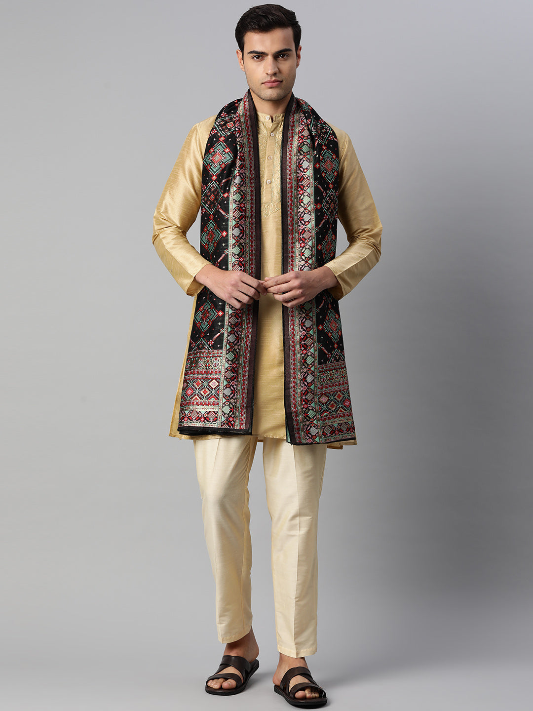 Men's Black and Gold Toned Pure Cotton Dupatta With Embroidered Woven Design