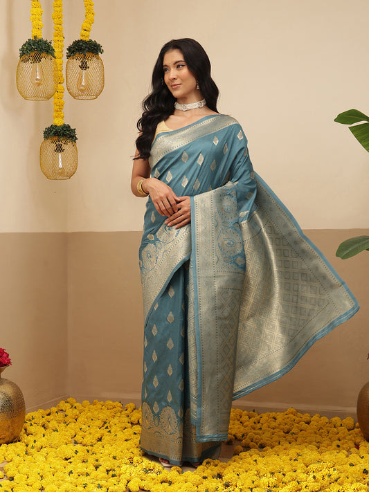 Banarasi Soft Silk Peacock Border Zari Woven Saree With Unstitched Blouse Piece