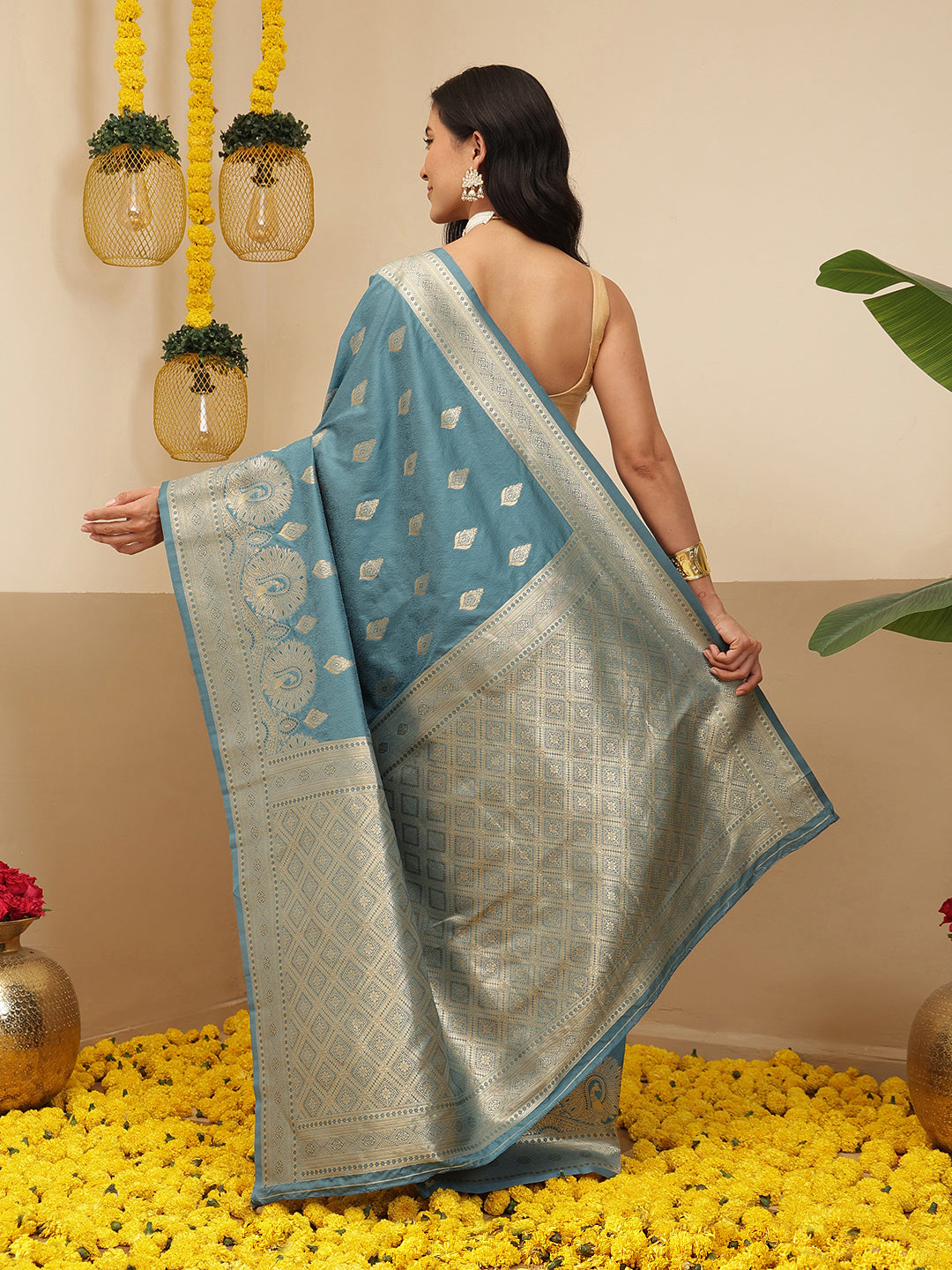 Banarasi Soft Silk Peacock Border Zari Woven Saree With Unstitched Blouse Piece
