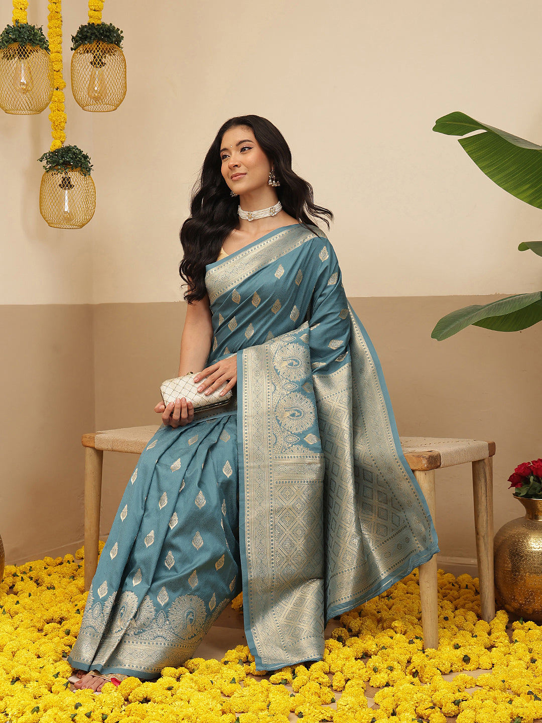 Banarasi Soft Silk Peacock Border Zari Woven Saree With Unstitched Blouse Piece