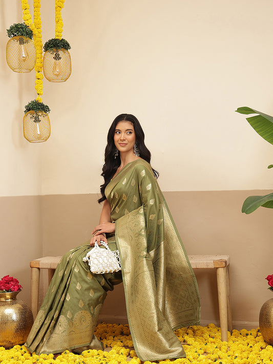 Banarasi Soft Silk Peacock Border Zari Woven Saree With Unstitched Blouse Piece
