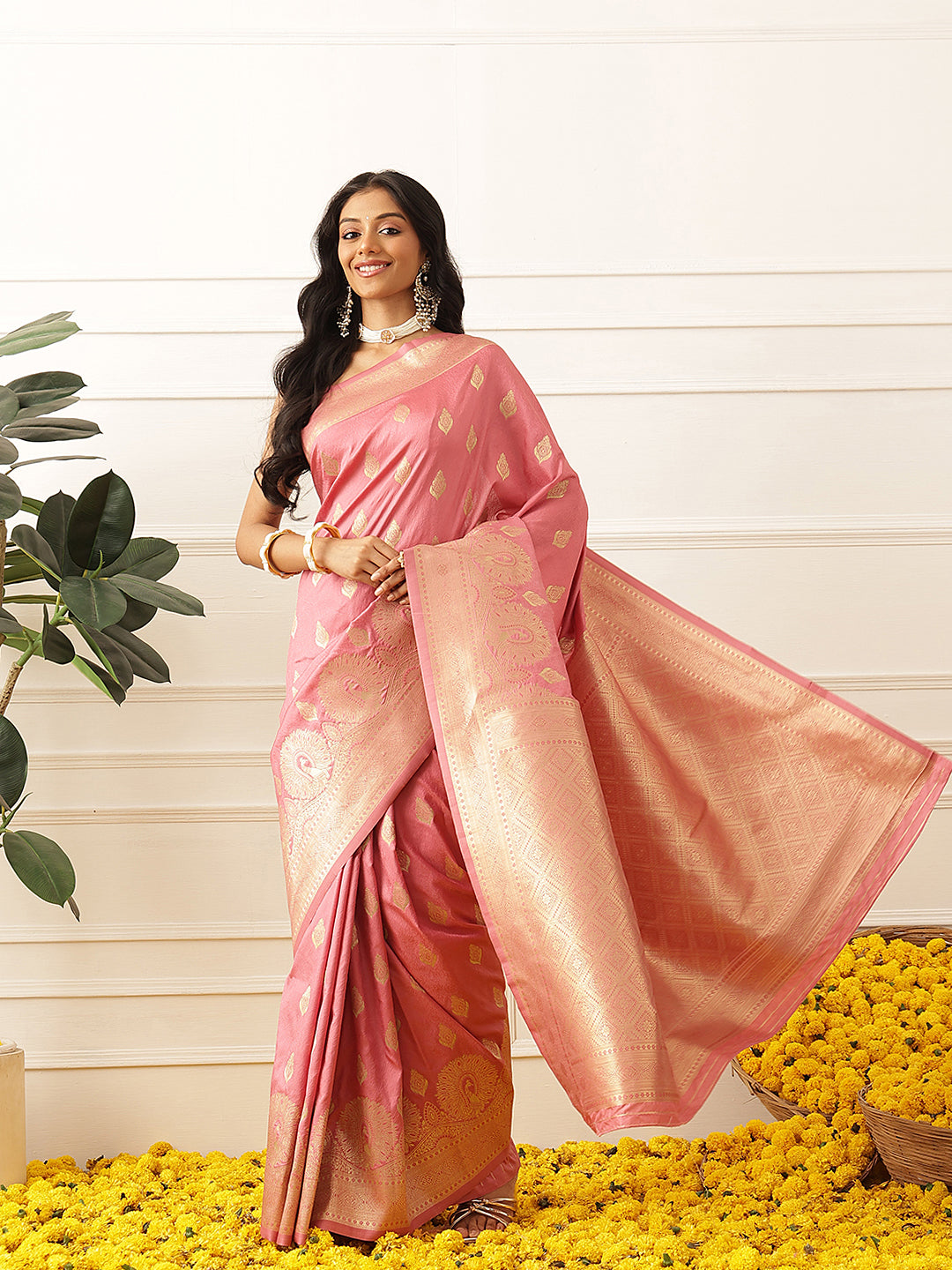 Banarasi Soft Silk Peacock Border Zari Woven Saree With Unstitched Blouse Piece