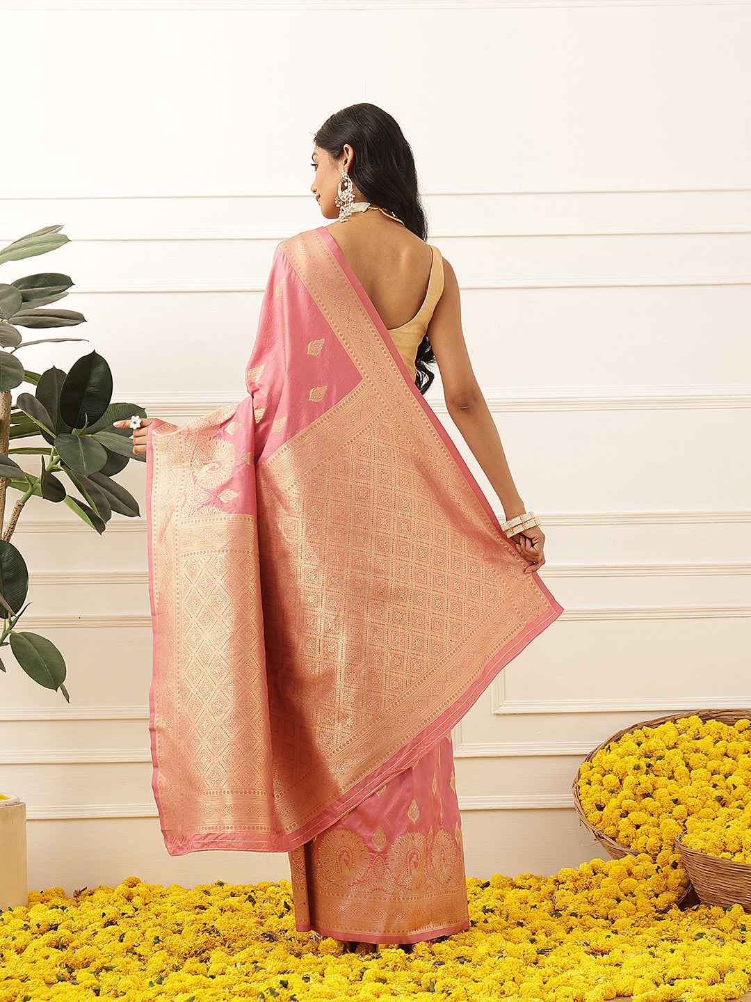 Banarasi Soft Silk Peacock Border Zari Woven Saree With Unstitched Blouse Piece