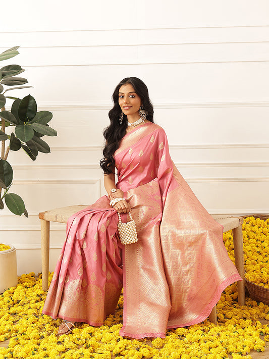 Banarasi Soft Silk Peacock Border Zari Woven Saree With Unstitched Blouse Piece