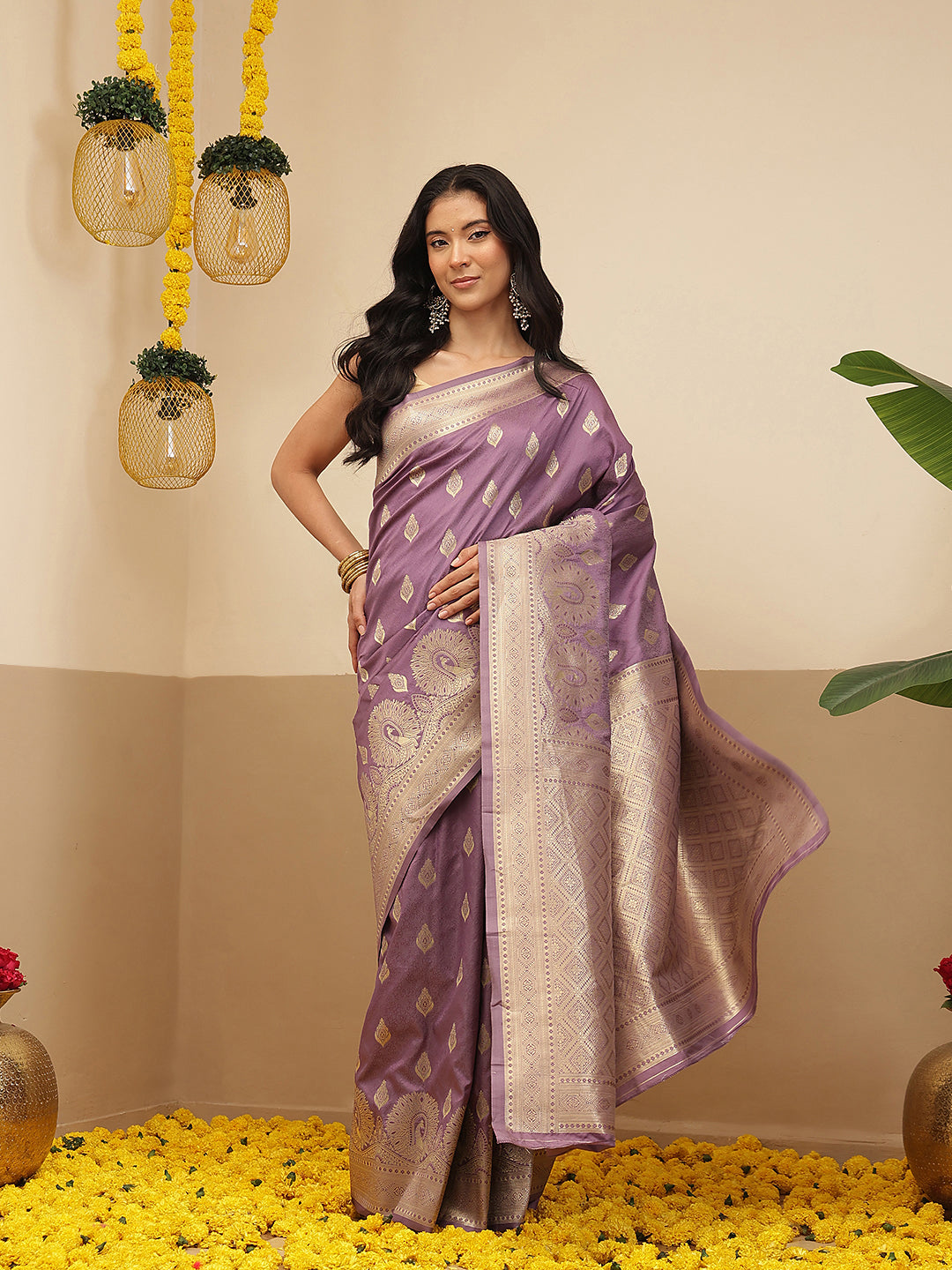Banarasi Soft Silk Peacock Border Zari Woven Saree With Unstitched Blouse Piece