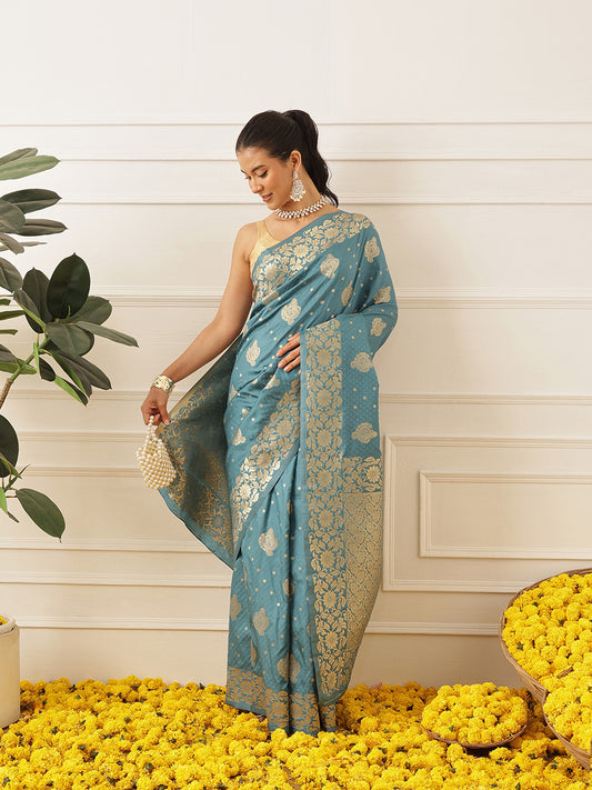 Banarasi Soft Silk Peacock Border Zari Woven Saree With Unstitched Blouse Piece