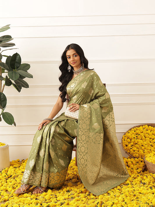 Banarasi Soft Silk Peacock Border Zari Woven Saree With Unstitched Blouse Piece