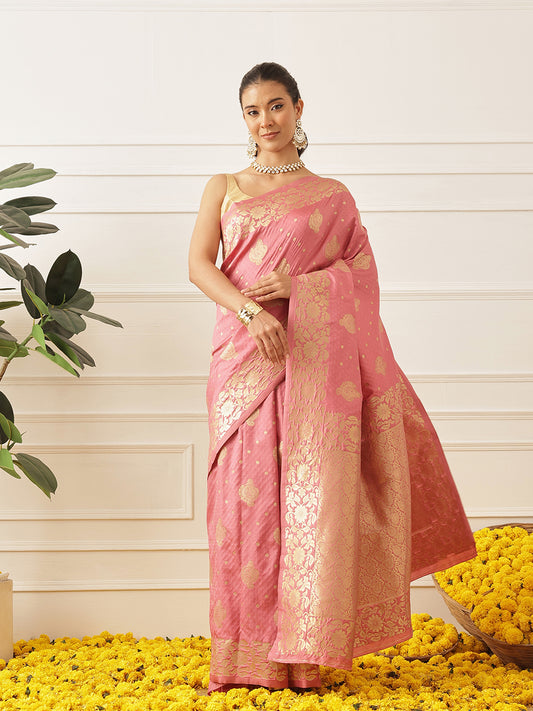 Banarasi Soft Silk Peacock Border Zari Woven Saree With Unstitched Blouse Piece