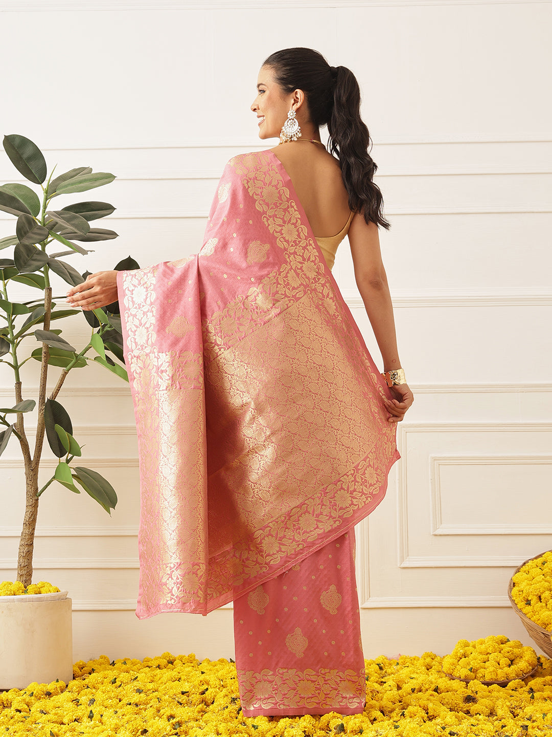 Banarasi Soft Silk Peacock Border Zari Woven Saree With Unstitched Blouse Piece