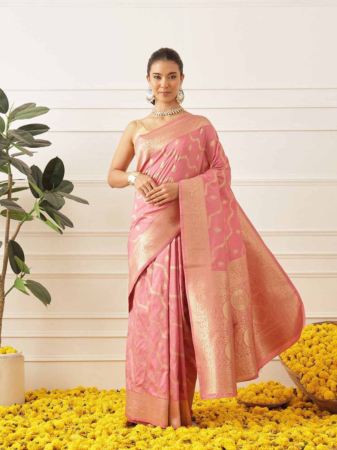 Banarasi Soft Silk Lahariya Work Zari Woven Saree With Unstitched Blouse Piece