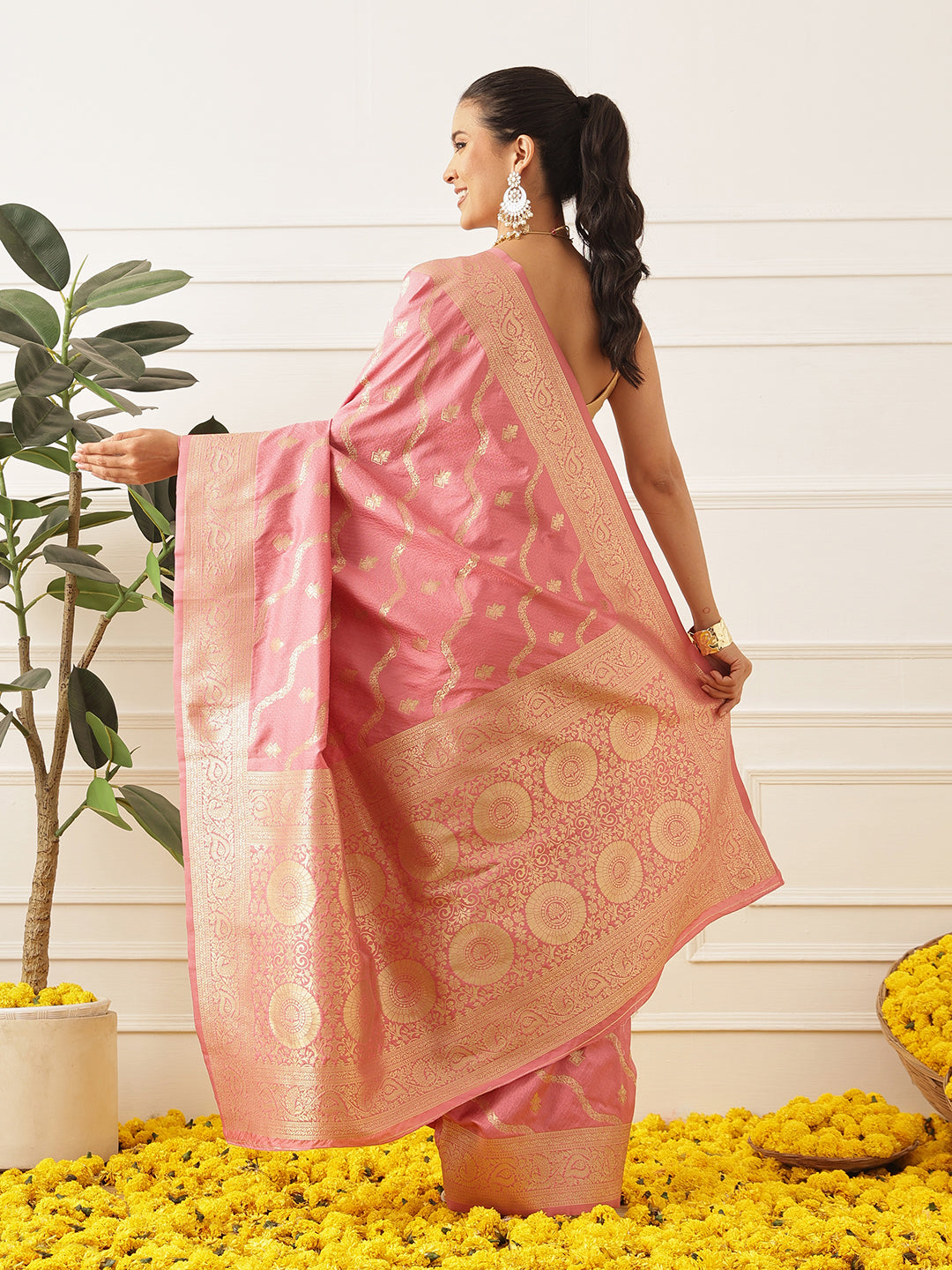 Banarasi Soft Silk Lahariya Work Zari Woven Saree With Unstitched Blouse Piece