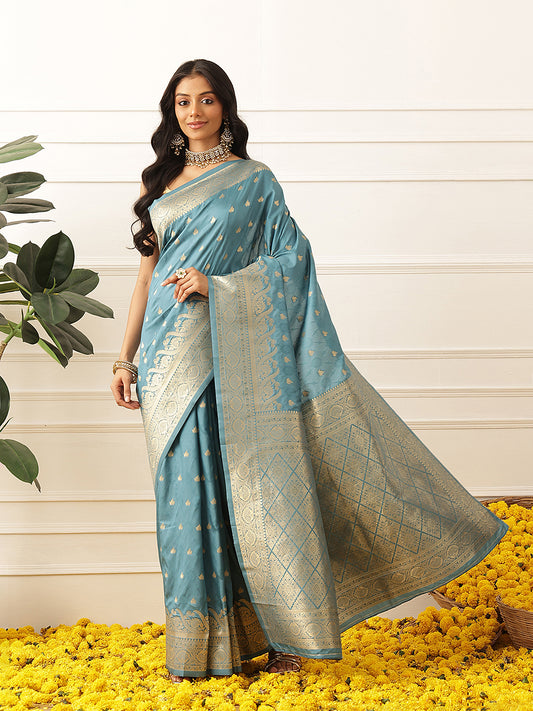 Banarasi Soft Silk Small Zari Butta Work Woven Saree With Unstitched Blouse Piece