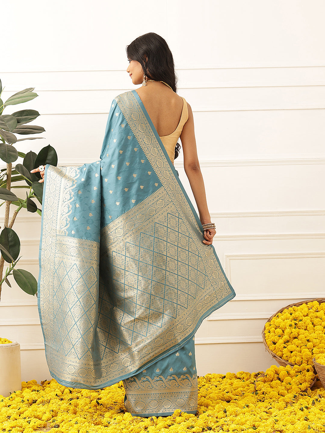 Banarasi Soft Silk Small Zari Butta Work Woven Saree With Unstitched Blouse Piece